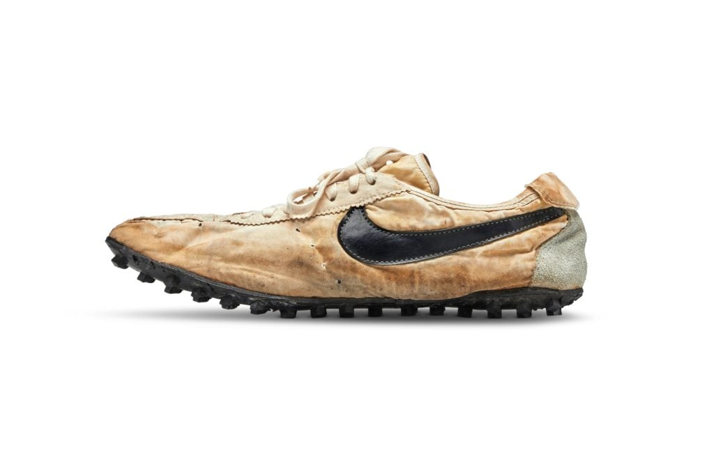This pair of unworn 1972 Nike waffle racing flat "Moon Shoes" set a new auction record for sneakers with a $437,500 sale at Sotheby's. Photo courtesy of Sotheby's New York.