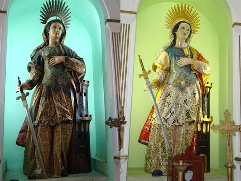 The statue of Santa Barbara at Brazil's Santa Cruz da Barra Chapel, before and after restoration. Photo by Milton Teixeira.