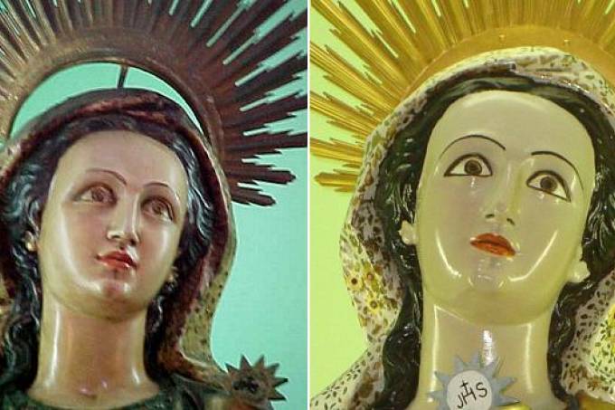 The statue of Santa Barbara at Brazil's Santa Cruz da Barra Chapel, before and after restoration. Photo by Milton Teixeira.