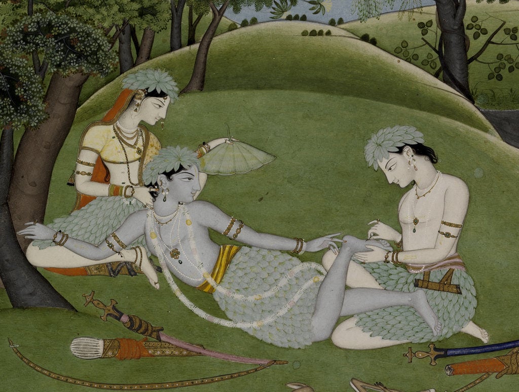 Unknown Indian artist, Punjab Hills, Kingdom of Kangra, <em>Rama, Sita and Lakshmana Begin their Life in the Forest</em> (circa 1800–10), detail. Promised Gift of Steven Kossak, the Kronos Collections. Photo courtesy of the Metropolitan Museum of Art.