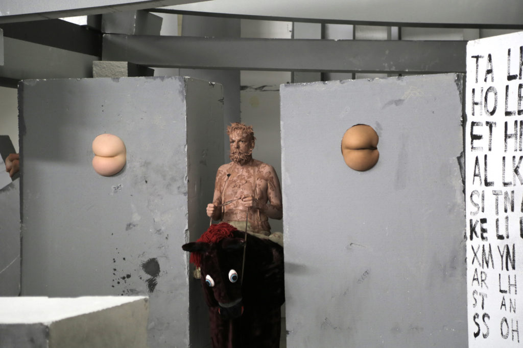 Installation view of Gelatin and Liam Gillick, "Stinking Dawn," Kunsthalle Wien, 2019. Photo: Marlene Rosenthal.