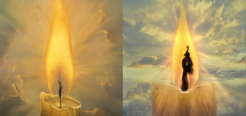 Vladimir Kush's painting <em>The Candle</em>, left, and a scene from Ariana Grande's music video for "God Is a Woman," right. 