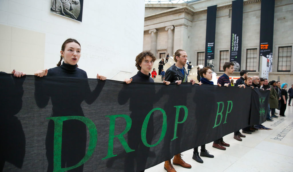 Activists protesting BP's sponsorship of the British Museum. Photo by Dinendra Haria/SOPA Images/LightRocket via Getty Images.