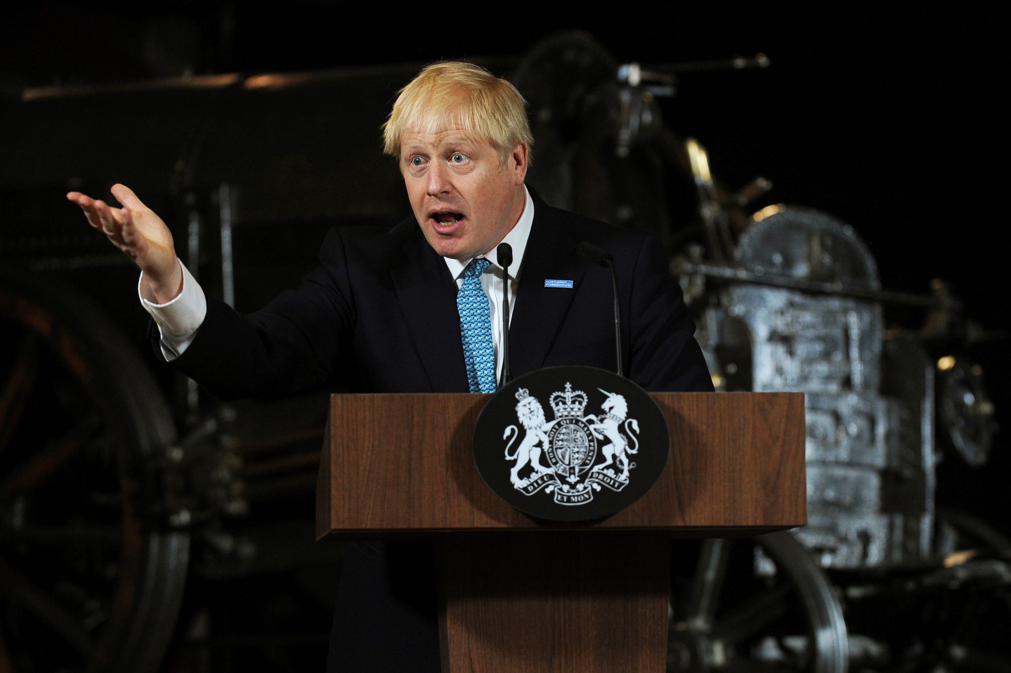 Britain's Prime Minister, Boris Johnson, promised investment in transportation during a speech at the Science and Industry Museum in Manchester on July 27, 2019. Photo by Lorne Campbell/WPA Pool/Getty Images.