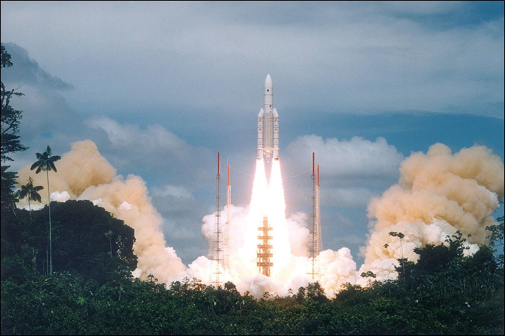 Ariane 5 launches at the European Spaceport on October 30, 1997 in Kourou, French Guyana. Photo by Patrick Aventurier/Getty Images.