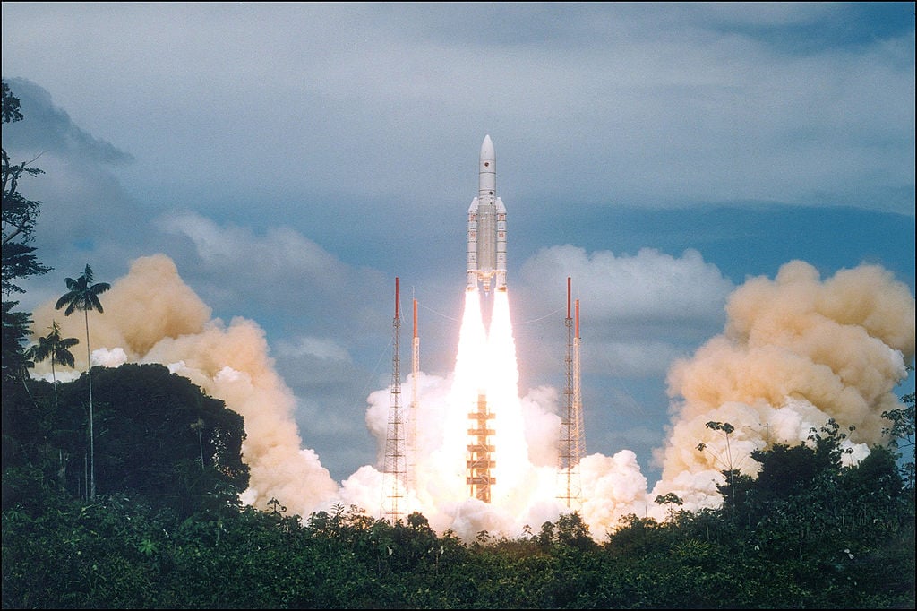 Ariane 5 launches at the European Spaceport on October 30, 1997 in Kourou, French Guyana. Photo by Patrick Aventurier/Getty Images.