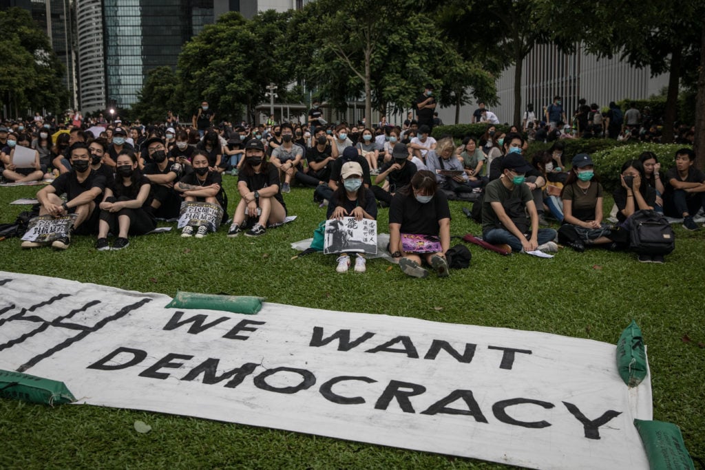 Protesters take part in a school boycott rally at Tamer Park in Hong Kong, on September 2, 2019. Photo by Chris McGrath/Getty Images.