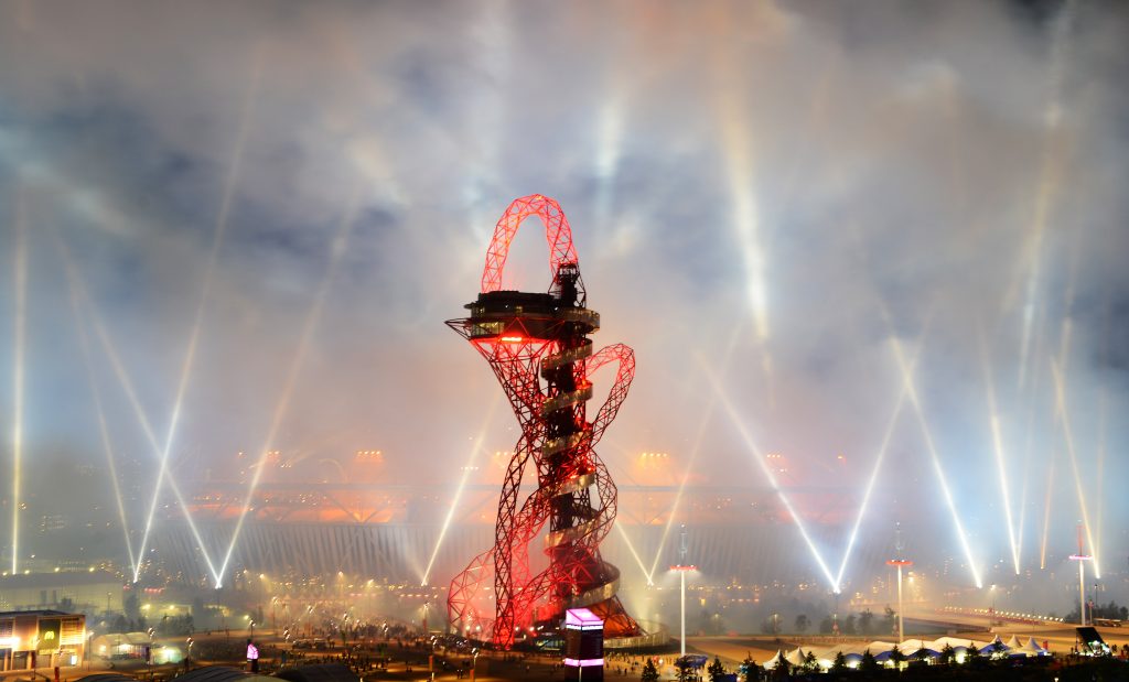 The Orbit stands out in front of the Olympic Stadium during the 2012 Olympics opening ceremony at the Olympic Park in London, England.  Photo by Mike Hewitt/Getty Images.