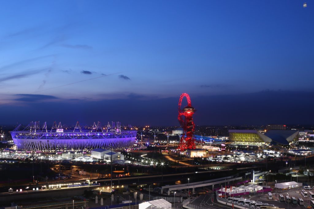 A general view of the Olympic Stadium, the Orbit and the Aquatic center during the closing ceremony of the 2012 London Olympic Games. Photo by Christof Koepsel/Getty Images.