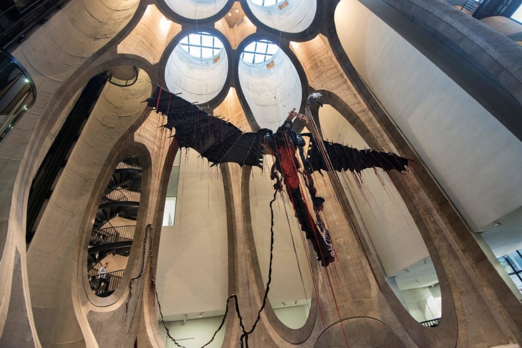 A sculpture by South African artist Nicholas Hlobo dominates the main hall in The Zeitz Museum of Contemporary African Art in Cape Town on September 15, 2017.