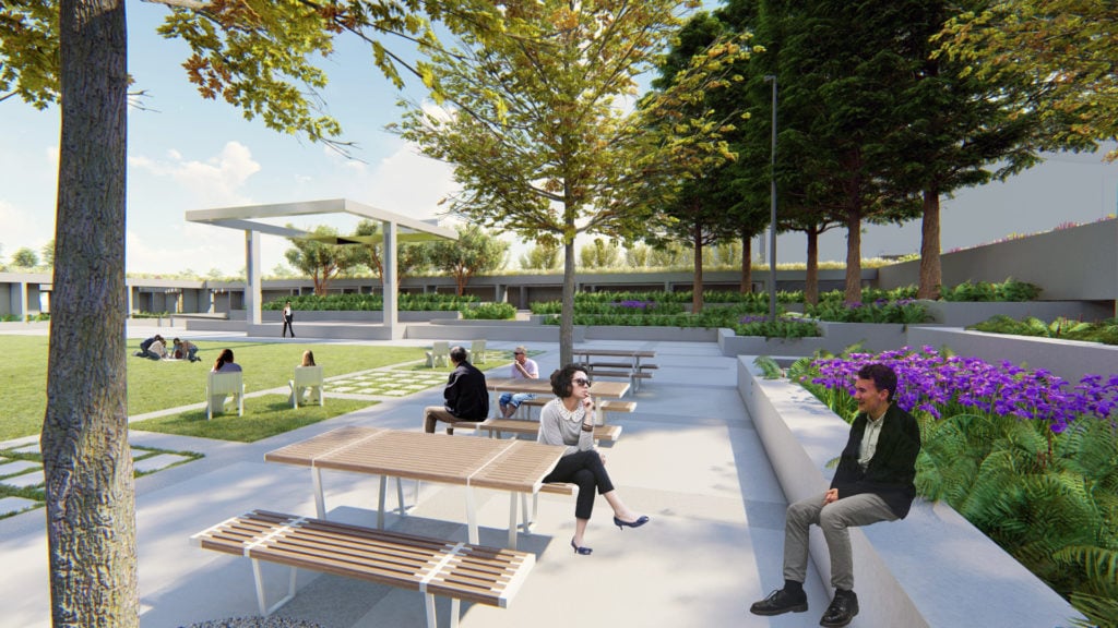 Rendering of the renovated gardens at the Oakland Museum of California. Image courtesy of the Hood Design Studio.