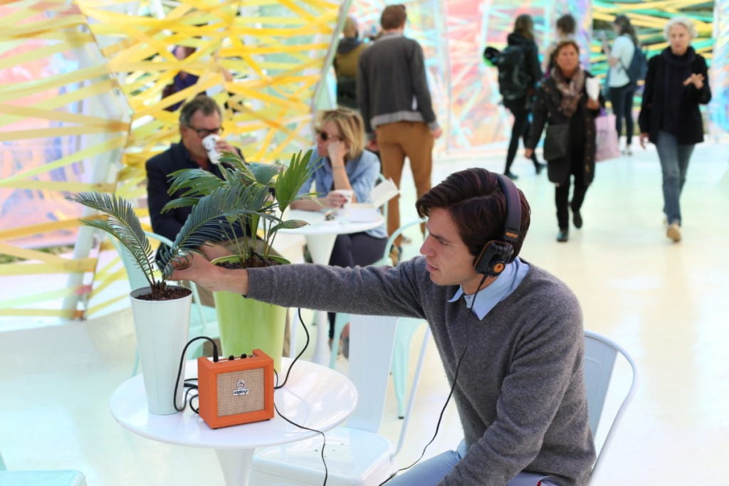 A visitor listens to a plant in an Adrienne Adar exhibition at the Serpentine Pavilion in London. Photo by Adrienne Adar.