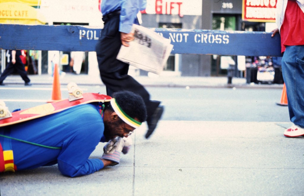 Pope.L, The Great White Way, 22 miles, 9 years, 1 street (2000–09), performance. Photo ©Pope.L, courtesy of the artist and Mitchell–Innes & Nash, New York.