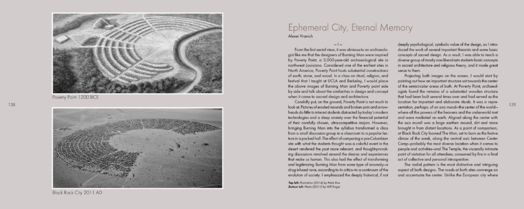 A spread from <em>Compass of the Ephemeral: Aerial Photography of Black Rock City through the Lens of Will Roger</em>. Photo courtesy of Smallworks Press. 
