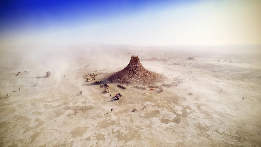 Will Roger, photo from the back cover of Compass of the Ephemeral: Aerial Photography of Black Rock City through the Lens of Will Roger, showing Arthur Mamou-Mani's Temple Galaxia at Burning Man in 2018. Photo courtesy of Smallworks Press.