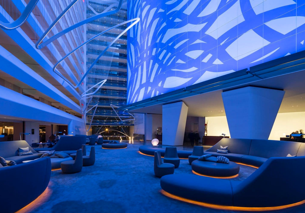 Conrad New York Downtown's lobby featuring Sol LeWitt's "Loopy Doopy (Blue and Purple), 1999. Photo courtesy Conrad Hotels.