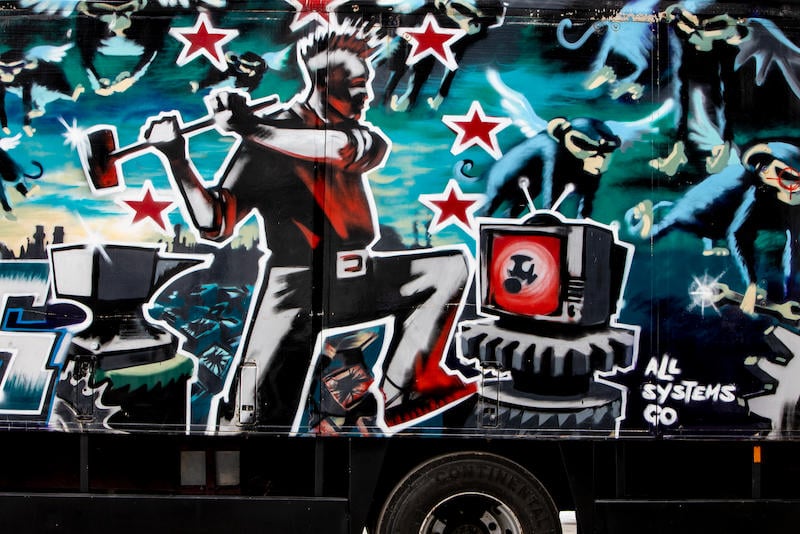 Banksy, <em>Turbo Zone Truck (Laugh Now But One Day We’ll Be in Charge)</em>, 2000 (detail). Photo courtesy of Bonhams. 