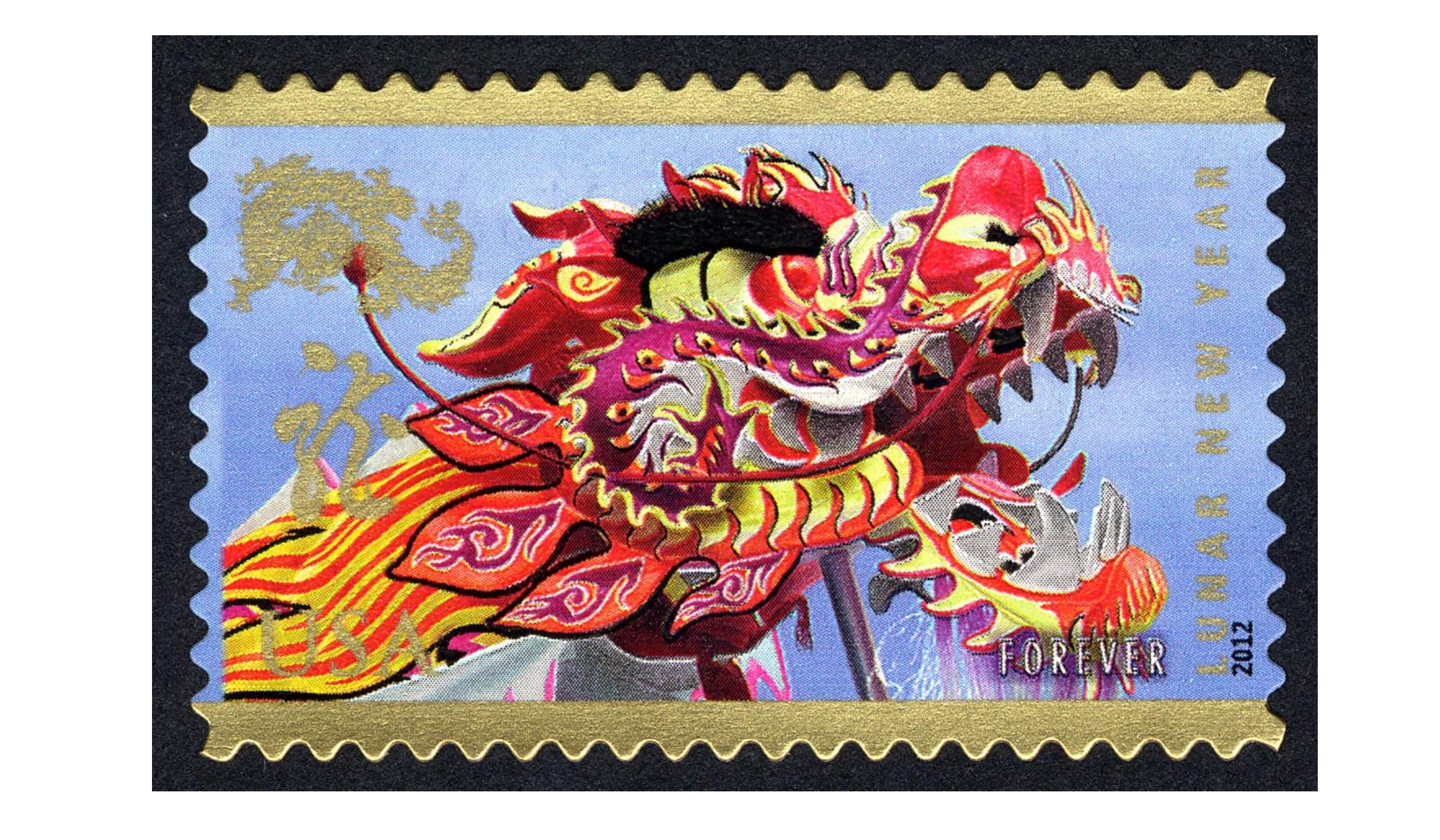 The US Postal Service's Year of the Dragon stamp (2012), part of the collection of the Smithsonian's National Postal Museum. Courtesy of the Smithsonian.