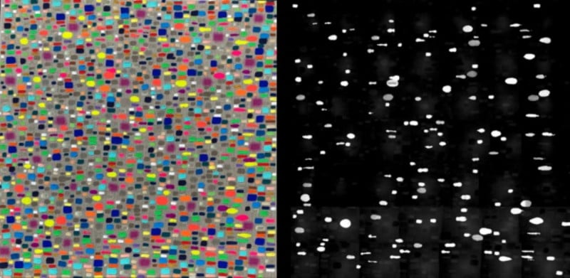 One of Joseph Cohen's painting incorporating carbon nanotubes photographed in normal light with a standard camera (left) and under yellow light with a near-infrared camera (right). Photo courtesy of Joseph Cohen. 