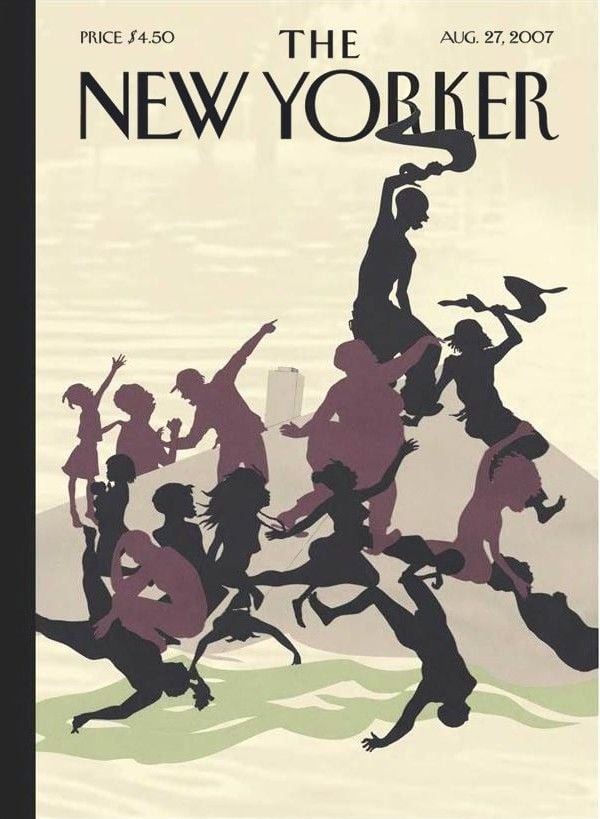 Kara Walker, <em>Post Katrina, Adrift</em> (2007), a <em>New Yorker</em> cover honoring the second anniversary of Hurricane Katrina. Courtesy of the <em>New Yorker<em>.