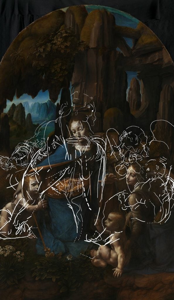 Leonardo da Vinci, The Virgin of the Rocks (1491–99, 1506–08). The lines show the underdrawing for the first composition, incorporating information from all technical images. Photo © National Gallery, London.