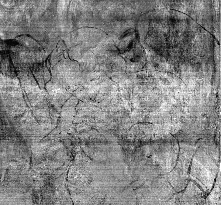 Detail from imaging data of Leonardo da Vinci's <em>The Virgin of the Rocks</em> (1491–99, 1506–08), showing the underdrawing for the original composition. Photo ©the National Gallery, London.