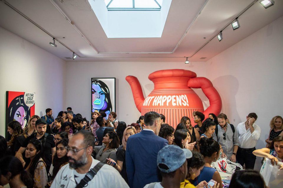 Crowds at the opening of "Maria Qamar: Fraaaandship" at Richard Taittinger Gallery, New York. Photo by Happy Monday.