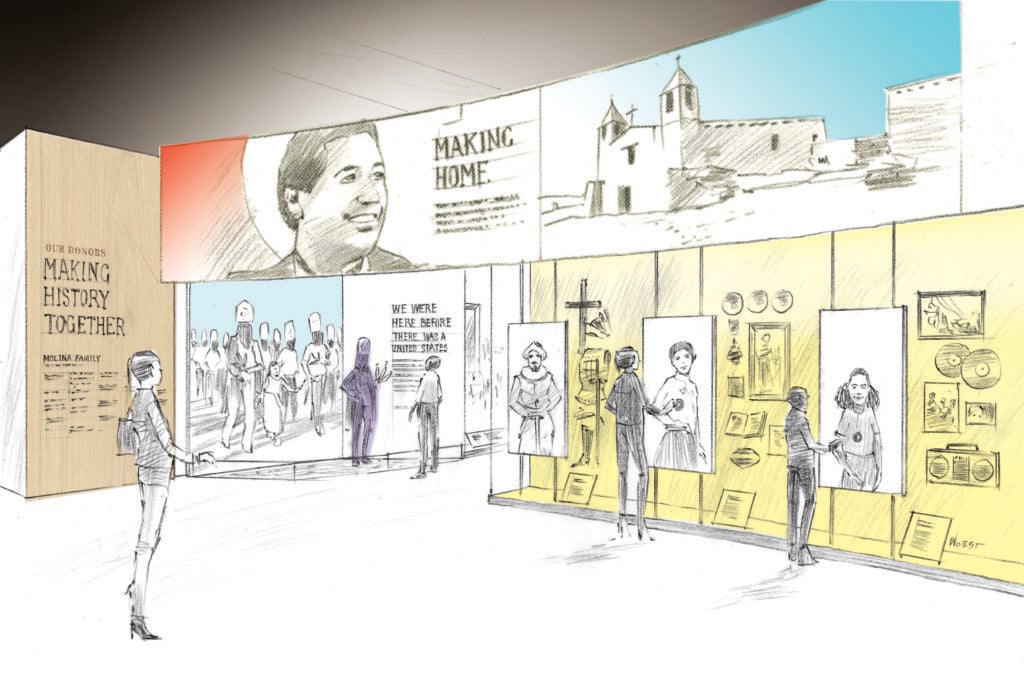 A sketch of the planned Molina Family Latino Gallery at the Smithsonian’s National Museum of American History, set to open in 2021. Image courtesy of Museum Environments/Branded Environments.