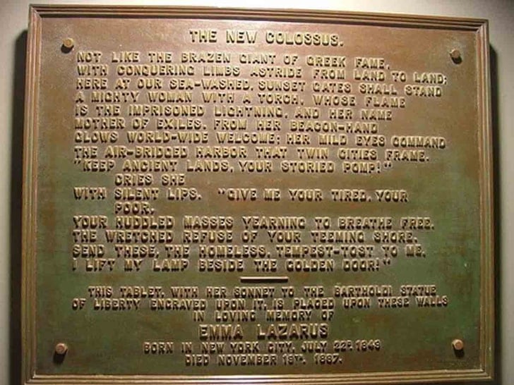 The plaque at the Statue of Liberty with Emma Lazarus's poem "The New Colossus." Photo courtesy of the National Park Service. 