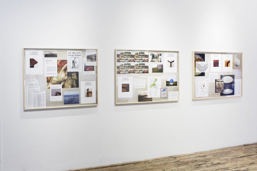 Sandra Erbacher, <em>The Return of History</em> (2019), installation view in "Paperwork: Administrative Practice in Contemporary Art" at the International Studio & Curatorial Program. Photo by Martin Parsekian.