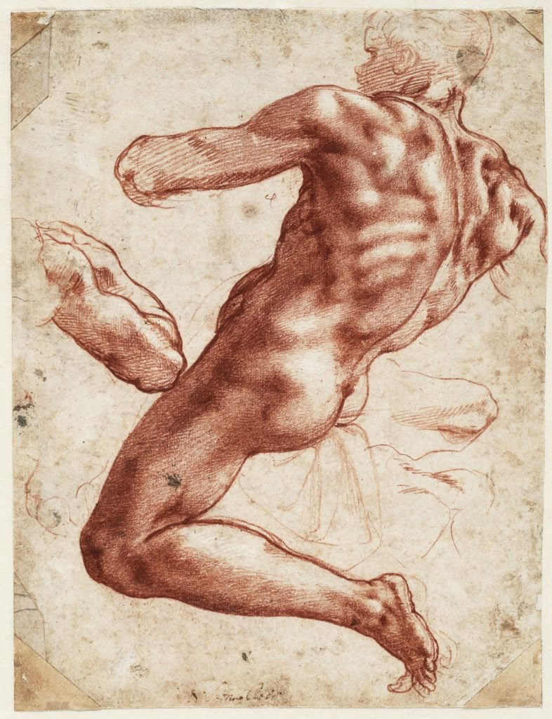 Michelangelo, Seated male nude, separate study of his right arm (recto) (1511). Courtesy of the Teylers Museum, Haarlem.