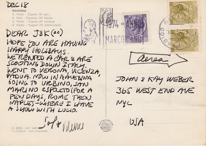 A postcard from Sol Lewitt detailing his travels in Italy.
