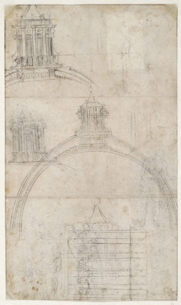 Michelangelo, <EM> Section through the dome of Saint Peter’s with alternative designs for the lantern; figure sketches</EM> (circa 1547–59). Courtesy of the Teylers Museum, Haarlem.