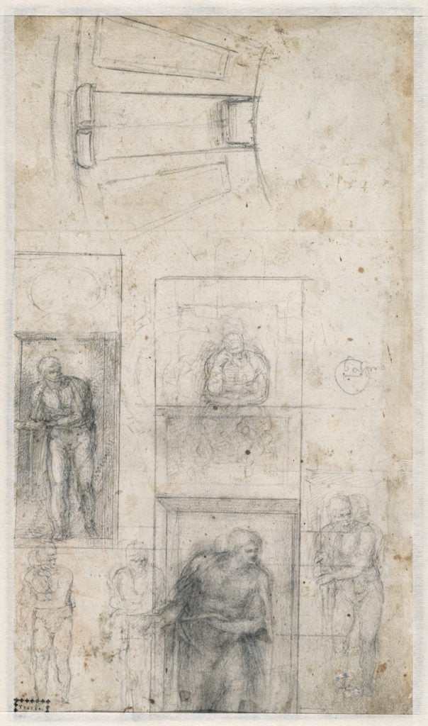 Michelangelo, Ground plan of the lantern’s base with volutes; figure studies (1547–59), verso. Courtesy of the Teylers Museum, Haarlem.