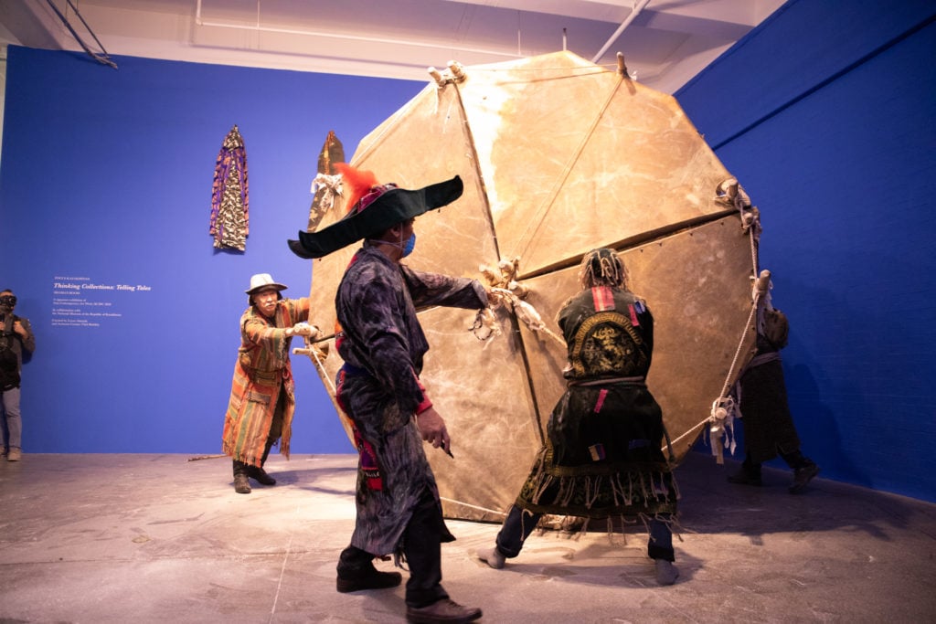 Kyzyl Tractor Art Collective, Live Performance at Thinking Collections: Telling Tales, ACAW Signature Exhibition, Mana Contemporary, Jersey City (14 October 2018). Courtesy Asia Contemporary Art Week. Photo: Michael Wilson.