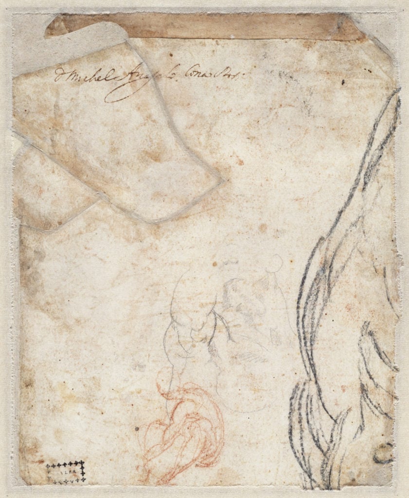 Michelangelo, Fragmentary cartoon of a male head; upper body of a man; study of a crouching figure (1511–12), verso. Courtesy of the Teylers Museum, Haarlem.