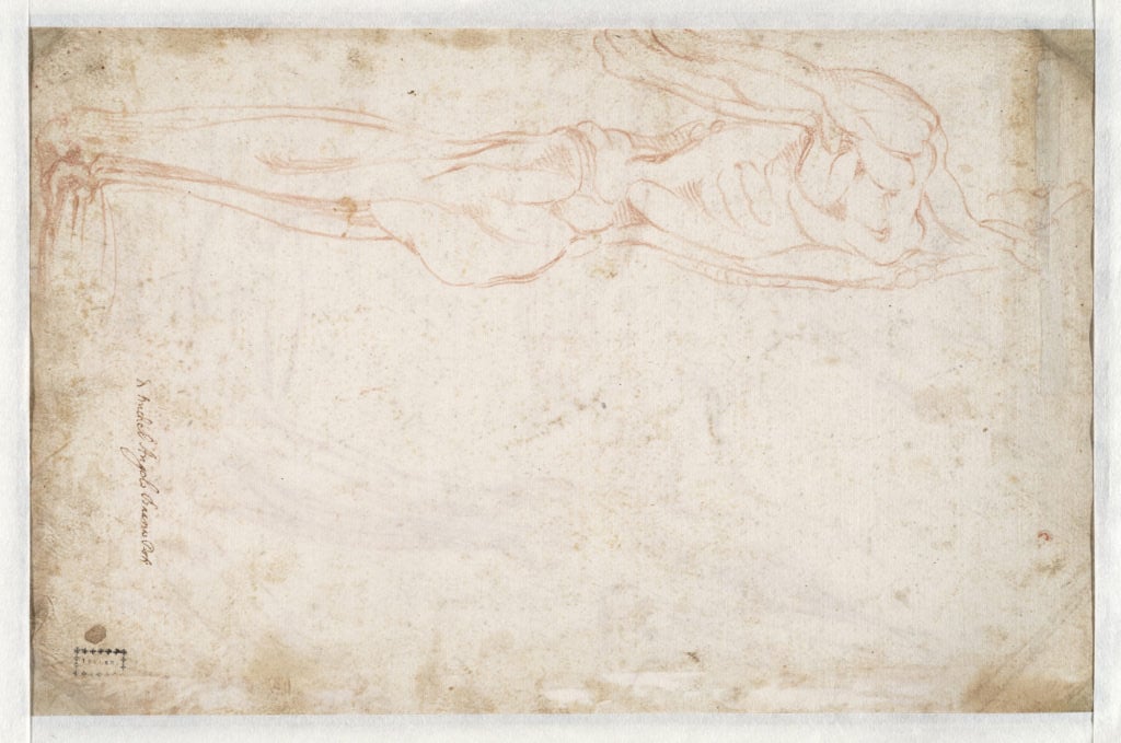 Michelangelo, Studies of a kneeling male figure, from the left (1515–20), verso. Courtesy of the Teylers Museum, Haarlem.