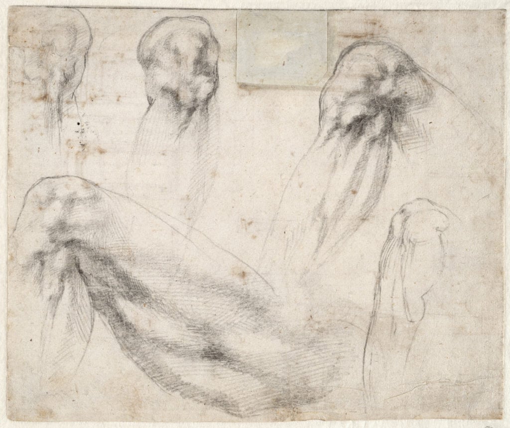 Michelangelo, Studies of a left leg and four studies of a knee (1523–24), recto. Courtesy of the Teylers Museum, Haarlem.