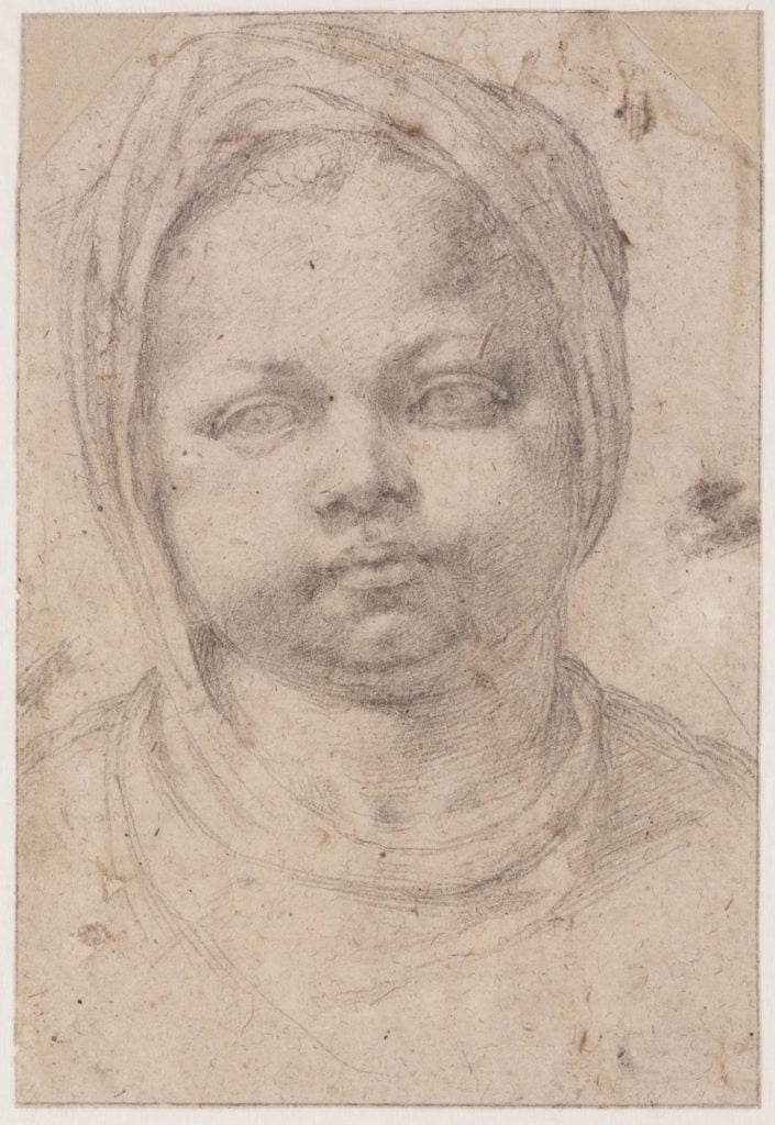 Michelangelo, <em>Head of a child with a cloth around its head</em> (circa 1520s). Courtesy of the Teylers Museum, Haarlem.