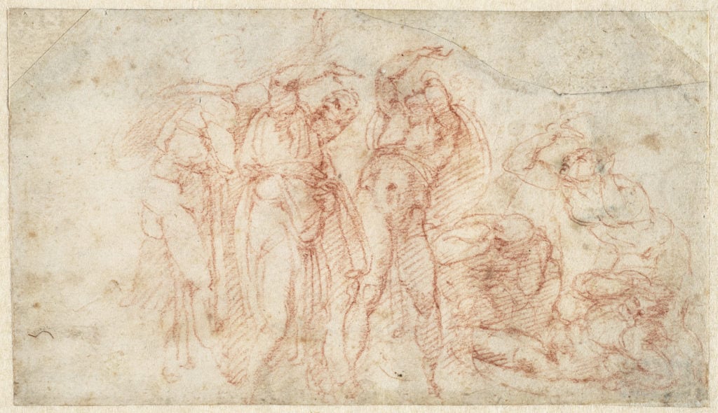 Michelangelo, <em>Six figures in attitudes of fear and terror</eM> (circa 1517), recto. Courtesy of the Teylers Museum, Haarlem.