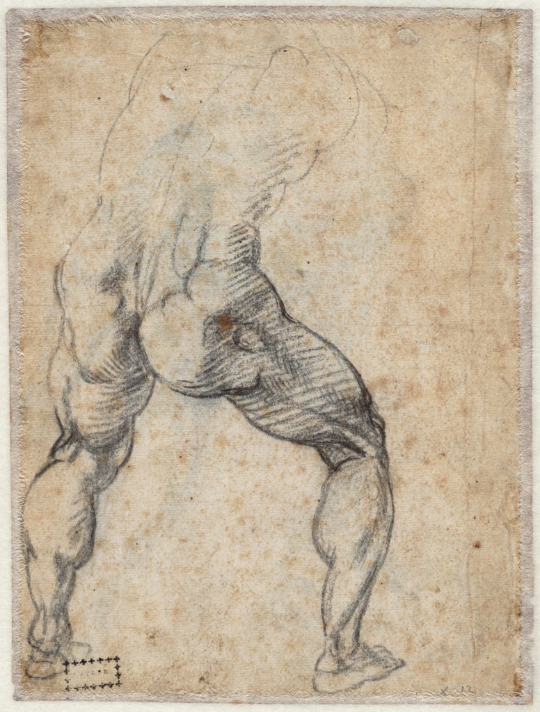 Michelangelo, <em>Study of a male nude; separate study of his head</eM> (circa 1537), recto. Courtesy of the Teylers Museum, Haarlem.