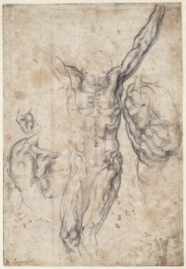 Michelangelo, <em>Four studies, including two for a crucified figure</eM> (1530–34), recto. Courtesy of the Teylers Museum, Haarlem.