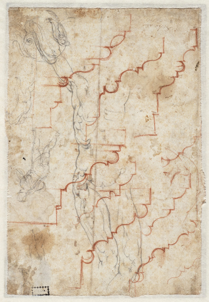 Michelangelo, <em>Crucified figure (tracing); architectural profiles; figure sketches</eM> (1530–34), verso. Courtesy of the Teylers Museum, Haarlem.