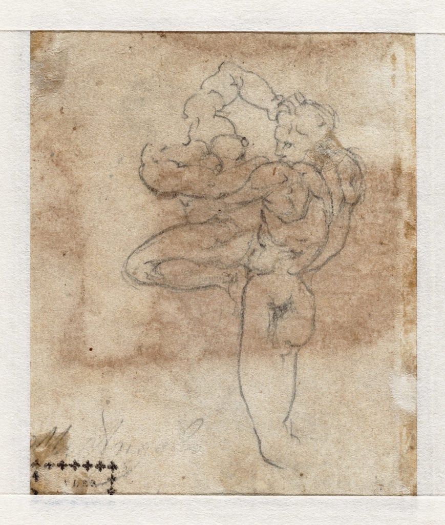 Michelangelo, <em>A man abducting a woman (tracing)</eM>, 1530–34, verso. Courtesy of the Teylers Museum, Haarlem.
