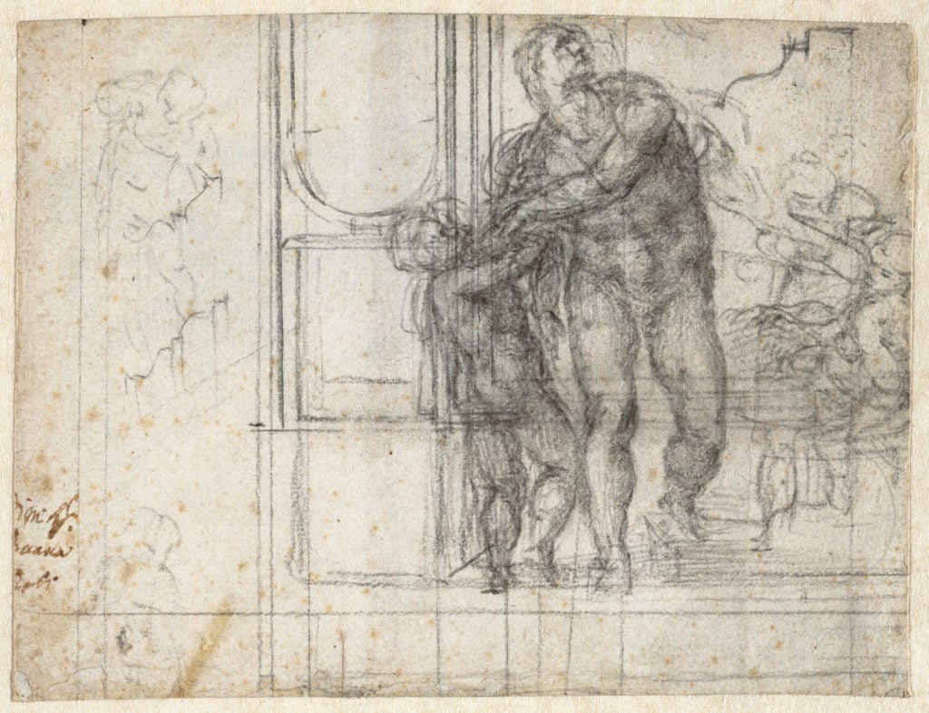 Michelangelo, <em>Aeneas with Ascanius, summoned to leave Dido; architectural studies</eM> (circa 1555), recto. Courtesy of the Teylers Museum, Haarlem.