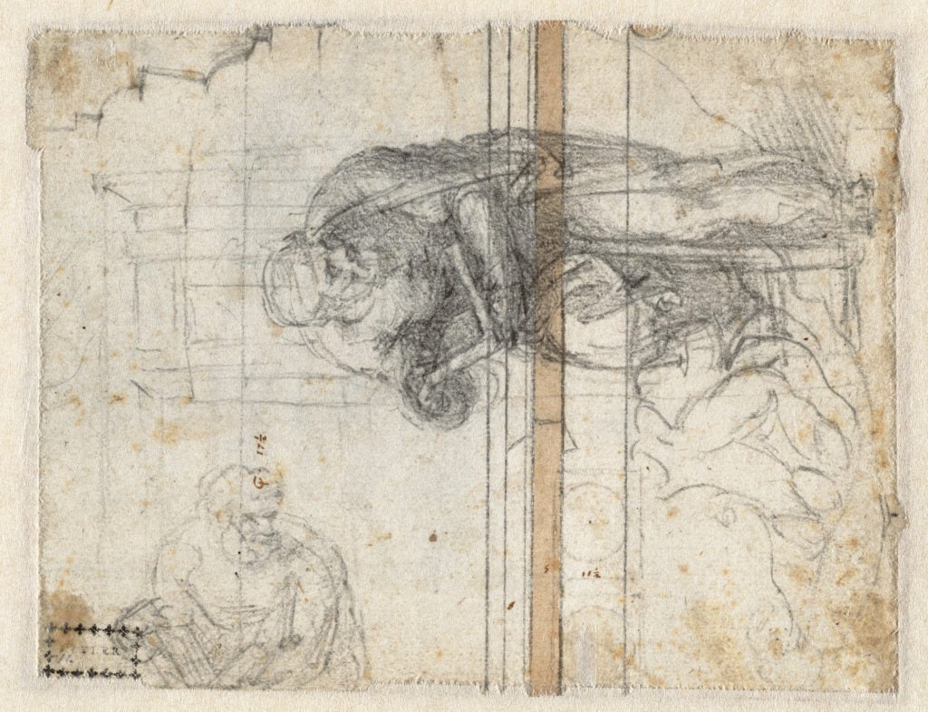 Michelangelo, <em>Studies of a prophet or evangelist; architectural studies; sketch of a male torso</eM> (circa 1555–58), verso. Courtesy of the Teylers Museum, Haarlem.