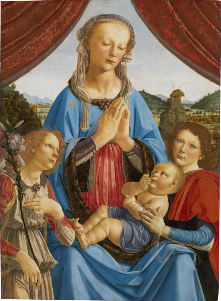 Andrea del Verrocchio and assistants (Leonardo da Vinci and Pietro Perugino), Madonna and Child with Two Angels (c. 1470/1474). © The National Gallery, London.