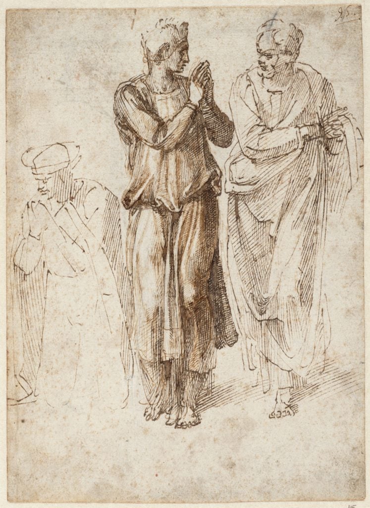 Michelangelo, < Three draped figures, with hands joined, one kneeling, the others standing/eM> (1496–1503), recto. Courtesy of the Teylers Museum, Haarlem.