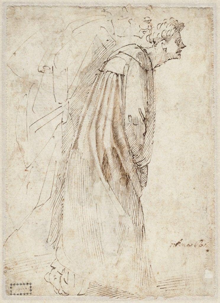 Michelangelo, Two robed figures bending forward, in profile to the right (1496–1503), verso. Courtesy of the Teylers Museum, Haarlem.