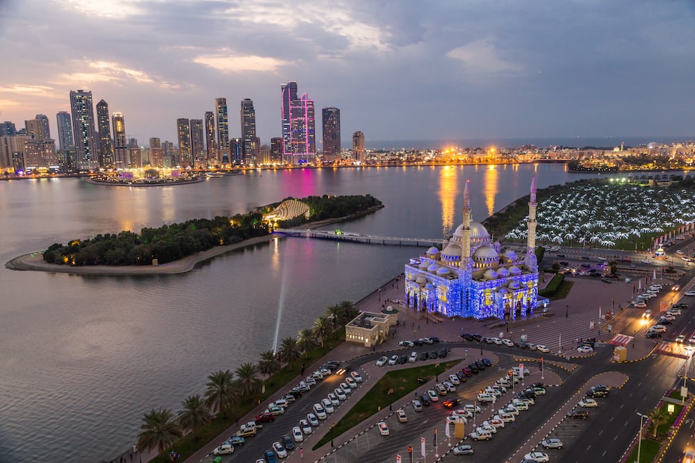 Sharjah,UAE - February 10: The view of Sharjah Skyline at Sunset on february 10, 2019 in Sharjah, United Arab Emirates. (Photo by Rustam Azmi/Getty Images)